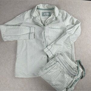 Vintage 100% Cotton Green Striped Button Up Top & Long Pants PJ Set Size 6